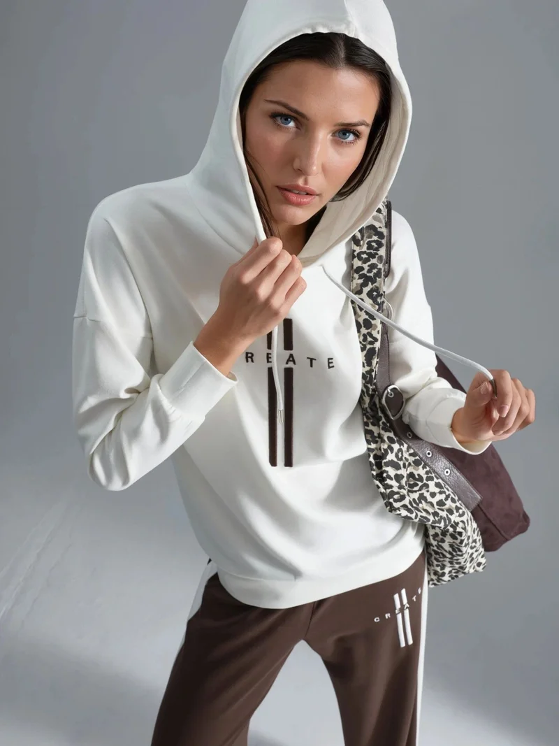Hiccup White Modal Touch Hooded Sweatshirt & Stripe Detailed Pants Set Bersan Collection for Women | Best Price UAE